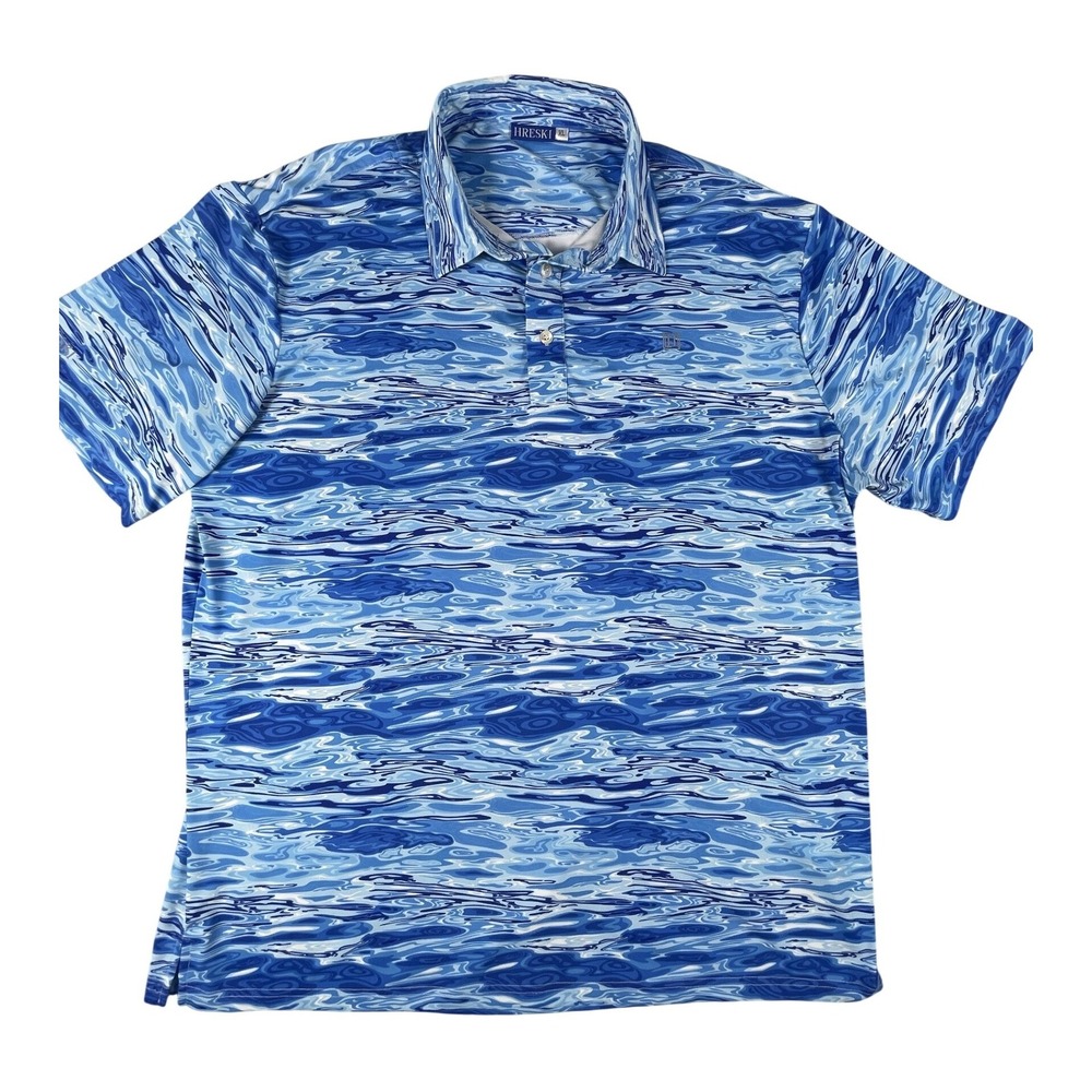 Hreski Polo Shirt Mens XL Blue Water Ripple Print Short Sleeve Performance Golf